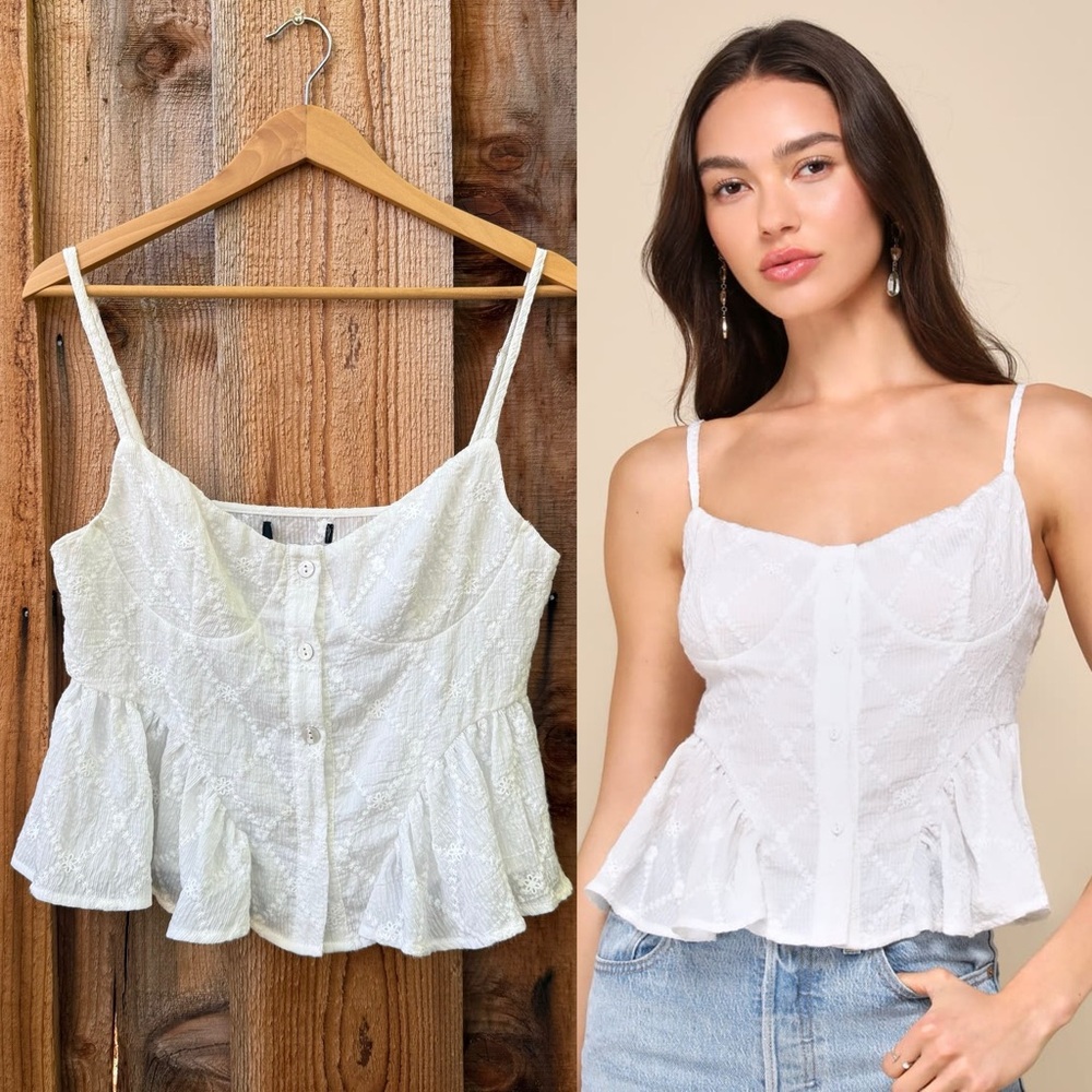 White Floral Embroidered Basque Ruffled Bustier Tank Top 🌿